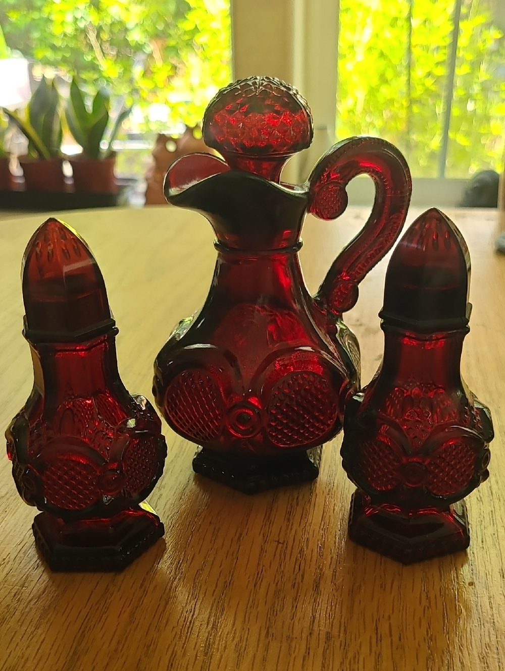 Ruby Red Glass Cruet and Salt & Pepper Set.  Cape Cod collectin By AVON